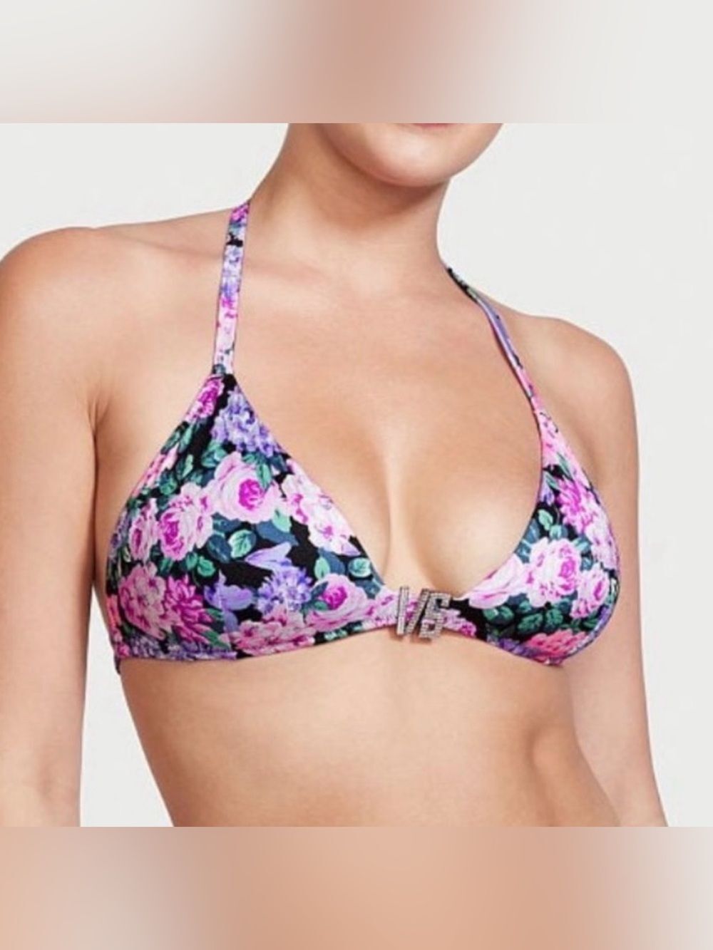 NWT Victoria Secret Rhinestone Bling Shine Hardware Floral Halter Bikini Top S